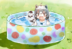 Rule 34 | 1girl, ahoge, animal ears, black hair, blush, blush stickers, brown eyes, common raccoon (kemono friends), fang, kemono friends, open mouth, outdoors, pool, raccoon ears, raccoon girl, raccoon tail, short hair, solo, striped tail, suicchonsuisui, swimsuit, tail, wading pool, water, wet
