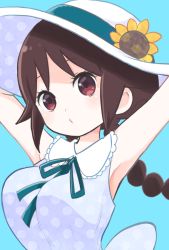Rule 34 | 1girl, alternate costume, aqua background, aqua ribbon, armpits, arms up, bare shoulders, braid, breasts, brown hair, casual, close-up, closed mouth, contemporary, dot nose, flower, frilled shirt collar, frills, from side, hat, hat flower, hat ornament, large breasts, light blush, long hair, looking at viewer, looking to the side, low twintails, neck ribbon, official art, pink eyes, puckered lips, ribbon, ribbon between breasts, sana (memechi), simple background, sleeveless, solo, summer, sun hat, sunflower, tachibana yuzuki, taishou otome otogibanashi, twin braids, twintails, upper body, white hat, yellow flower