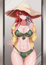 Rule 34 | 1girl, abs, absurdres, bandeau, bikini, black hair, breasts, cellphone, cowboy shot, ear piercing, front-tie bikini top, front-tie top, green bikini, grey eyes, hair over one eye, hat, highres, holding, holding phone, jacket, lain paterson, large breasts, layered bikini, lazycoffee (wyen iscordo), leaf print, long hair, long sleeves, looking at viewer, mirror, multi-strapped bikini bottom, multicolored hair, navel, nijisanji, off shoulder, open clothes, open jacket, parted lips, phone, piercing, red hair, red nails, reflection, selfie, smartphone, smile, solo, spiked ear piercing, stomach, strap lift, strapless, straw hat, streaked hair, swimsuit, taking picture, thigh gap, virtual youtuber, yellow jacket