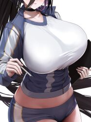 Rule 34 | 1girl, absurdres, black choker, black hair, blue archive, blue shorts, blush, breasts, choker, close-up, collarbone, cropped, gym shirt, gym uniform, hasumi (blue archive), hasumi (track) (blue archive), head out of frame, highres, holding, holding pen, huge breasts, jacket, kos-owl, long bangs, long hair, long sleeves, midriff, official alternate costume, partially unzipped, pen, shirt, short shorts, shorts, simple background, solo, sweat, track jacket, very long hair, white background, zipper pull tab