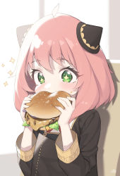 Rule 34 | + +, 1girl, absurdres, ahoge, animal ears, anya (spy x family), black jacket, blazer, blush, bow, burger, cat ears, cheese, child, cloba, commentary, eating, food, food on face, green eyes, hands up, highres, holding, holding food, jacket, lettuce, long sleeves, pink hair, school uniform, short hair, signature, solo, sparkle, sparkling eyes, spy x family, symbol-only commentary, symbol-shaped pupils, upper body