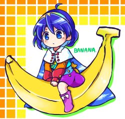 Rule 34 | 1girl, banana, blue eyes, blue hair, blush, boots, cloak, closed mouth, dress, english text, food, fruit, full body, hair between eyes, hairband, highres, long sleeves, multicolored clothes, multicolored dress, multicolored hairband, patchwork clothes, pote (ptkan), purple footwear, rainbow gradient, short hair, sky print, solo, symbol-only commentary, tenkyuu chimata, touhou, white cloak
