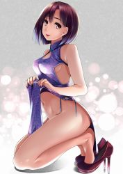 Rule 34 | 1girl, bare arms, bare shoulders, breasts, brown eyes, brown hair, china dress, chinese clothes, clothes lift, commentary request, dress, dress lift, feet, from side, groin, high heels, highres, kneeling, lifted by self, looking at viewer, looking to the side, medium breasts, navel, neko neko koneko, no panties, original, parted lips, short hair, smile, solo, stomach, tiptoes