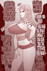 Rule 34 | 1girl, breasts, ekz (robotekz), english text, hand on own thigh, large breasts, long hair, nami (one piece), one piece