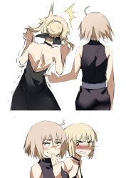 Rule 34 | 2girls, 2koma, ^^^, artoria pendragon (all), artoria pendragon (fate), bad id, bad pixiv id, bare arms, bare back, bare shoulders, black dress, black neckwear, blonde hair, blush, braid, choker, club3, comic, commentary request, dress, embarrassed, fate/grand order, fate/stay night, fate (series), french braid, giggling, hair bun, hair ribbon, hand to own mouth, highres, jeanne d&#039;arc (fate), jeanne d&#039;arc (ruler) (fate), jeanne d&#039;arc alter (avenger) (fate), jeanne d&#039;arc alter (fate), motion lines, multiple girls, nose blush, poking, ribbon, saber (fate), saber alter, short hair, simple background, single hair bun, sketch, sleeveless, sleeveless dress, smile, surprised, sweatdrop, trembling, white background, yellow eyes
