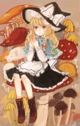 Rule 34 | 1girl, apron, black dress, black hat, blonde hair, blue capelet, blush, boots, bow, braid, brown footwear, buttons, capelet, closed mouth, commentary, cross-laced footwear, dress, frilled capelet, frills, full body, hair bow, hands up, hat, hat bow, kirisame marisa, long hair, long sleeves, looking at viewer, mozukuzu (manukedori), mushroom, orange bow, own hands together, sitting, smile, solo, touhou, waist apron, white apron, white bow, white sleeves, witch hat