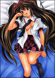 Rule 34 | 1girl, blush, breasts, brown hair, checkered clothes, checkered skirt, female focus, hair ribbon, hat, himekaidou hatate, large breasts, long hair, lying, necktie, no bra, on back, on bed, open clothes, open mouth, open shirt, pillow, red eyes, ribbon, shirt, skirt, solo, tokin hat, touhou, traditional media, twintails, yadokari genpachirou