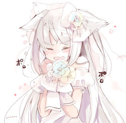 Rule 34 | 1girl, animal ears, azur lane, bare shoulders, blush, bouquet, cat ears, commentary request, detached sleeves, dress, closed eyes, facing viewer, fang, flower, hair flower, hair ornament, hammann (azur lane), holding, holding bouquet, long hair, mito (go!go!king!), nose blush, open mouth, puffy short sleeves, puffy sleeves, short sleeves, silver hair, solo, tears, very long hair, wedding dress, white background, white dress, white flower