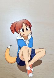 Rule 34 | 1girl, brown eyes, city (arawi keiichi), hands together, hood, hoodie, iwestcityi, nagumo midori, ponytail, shoes, shorts, sitting, smile, sneakers, tail, tongue, tongue out