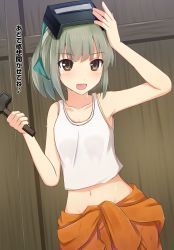 Rule 34 | 10s, 1girl, breasts, brown eyes, clothes around waist, collarbone, cuon (kuon), green hair, hammer, hand on headwear, highres, indoors, jacket, jacket around waist, kantai collection, looking at viewer, midriff, navel, open mouth, short hair, sleeveless, small breasts, smile, solo, tank top, translation request, upper body, welding mask, yuubari (kancolle)
