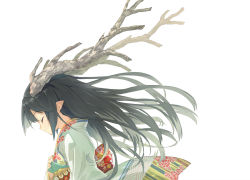 Rule 34 | 1girl, antlers, closed eyes, closed mouth, floating hair, floral print, green kimono, grey hair, horns, japanese clothes, kimono, long hair, negative space, obi, original, pointy ears, profile, sash, shirabi, simple background, smile, solo, upper body, white background