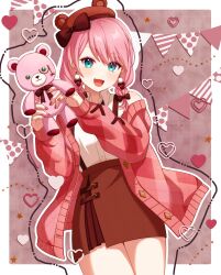 Rule 34 | 1girl, absurdres, aqua eyes, bow, brown skirt, charlotte (genshin impact), commentary request, doll, earrings, genshin impact, hat, highres, holding, holding doll, holding stuffed toy, jacket, jewelry, long sleeves, looking at viewer, medium hair, open mouth, pink hair, pink jacket, pochimaru (marumaru wanwan), red headwear, skirt, smile, stuffed animal, stuffed toy, sweater jacket, teddy bear