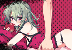 Rule 34 | 1girl, apple, eating, food, fruit, green hair, koyashaka, lingerie, looking at viewer, looking to the side, lying, on stomach, original, pale skin, panties, purple eyes, romeo to cinderella (vocaloid), solo focus, thighs, underwear, vocaloid