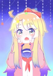 Rule 34 | 1girl, ahoge, blonde hair, blush, bow, chestnut mouth, commentary request, dot nose, green eyes, hair bow, hands on own face, heart, heart-shaped pupils, highres, himesaka noa, jacket, long hair, mitsukiro, open mouth, pink jacket, red bow, red neckwear, sailor collar, school uniform, serafuku, sky, sleeves past wrists, solo, star (sky), star (symbol), starry sky, symbol-shaped pupils, thick eyebrows, upper body, watashi ni tenshi ga maiorita!, yume kawaii