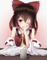 Rule 34 | 1girl, ;d, ascot, bad id, bad nicoseiga id, bare shoulders, black hair, blush, bow, collarbone, cup, detached sleeves, hair bow, hair ornament, hair tubes, hairclip, hakurei reimu, head rest, highres, long hair, looking at viewer, one eye closed, open mouth, orange eyes, red bow, ribbon-trimmed sleeves, ribbon trim, sidelocks, smile, solo, steam, touhou, toyosaki shu, upper body, wide sleeves