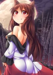 Rule 34 | 1girl, animal ears, ass, back, bamboo, bare shoulders, blush, breasts, brooch, brown hair, dress, fang, full moon, fun bo, imaizumi kagerou, jewelry, long hair, looking at viewer, looking back, moon, night, night sky, red eyes, sky, slit pupils, smile, solo, tail, touhou, wolf ears, wolf tail