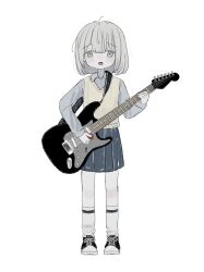 Rule 34 | 1girl, black footwear, blue skirt, collared shirt, full body, grey eyes, grey hair, grey shirt, guitar, highres, holding, holding guitar, holding instrument, holding plectrum, hougetsu (moon neetcat), instrument, long sleeves, looking at viewer, music, open mouth, original, playing instrument, pleated skirt, plectrum, school uniform, shirt, shoes, short hair, simple background, skirt, sneakers, socks, solo, standing, vest, white background, white socks, yellow vest