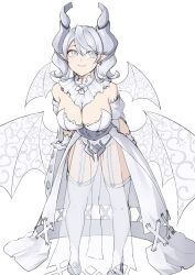 Rule 34 | 1girl, absurdres, armored leotard, breasts, cleavage, demon girl, demon horns, demon wings, dress, duel monster, gloves, grey eyes, highres, horns, large breasts, leotard, leotard under clothes, lovely labrynth of the silver castle, low wings, meshida (lux-far-accelerator), pointy ears, smile, solo, twintails, white hair, white horns, wings, yu-gi-oh!