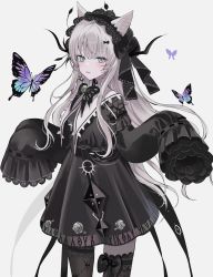 Rule 34 | 1girl, animal ears, blush, bow, bow legwear, bug, butterfly, chiemo (xcem), closed mouth, dress, flower, gothic lolita, green eyes, hair bun, hair ornament, hairband, highres, insect, lace-trimmed hairband, lace trim, lolita fashion, long hair, long sleeves, looking at viewer, original, ribbon, simple background, skirt, solo, thighhighs, white hair
