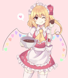 Rule 34 | 1girl, ;q, absurdres, apron, ascot, blonde hair, bowl, chocolate making, cooking, cowboy shot, flandre scarlet, frilled ascot, frills, headdress, heart, heart-shaped pupils, heart wings, highres, holding, holding bowl, holding spatula, licking lips, maid headdress, medium hair, one eye closed, pink background, rainbow order, red eyes, red skirt, red vest, shirt, simple background, skirt, solo, spatula, spoken heart, standing, subaru (subachoco), symbol-shaped pupils, thighhighs, tongue, tongue out, touhou, valentine, vest, waist apron, white apron, white shirt, white thighhighs, wings, yellow ascot