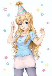 Rule 34 | 1girl, arms up, blonde hair, blue eyes, blue shirt, breasts, camisole, cleavage, collarbone, commentary, contrapposto, cowboy shot, english commentary, fingernails, grey pantyhose, happy new year, hat, highres, jewelry, k-on!, kotobuki tsumugi, long hair, looking at viewer, medium breasts, necklace, new year, open mouth, pantyhose, party hat, purple camisole, shirt, short sleeves, sidelocks, skirt, sol, solace, solo, standing, star (symbol), starry background, teeth, thick eyebrows, upper teeth only, v, very long hair, white background, white skirt