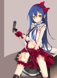 Rule 34 | 1girl, aonaga heri, blue hair, blue necktie, blush, bokura wa ima no naka de, bridal garter, closed mouth, commentary request, earrings, frills, gloves, hair between eyes, hairband, holding, jewelry, long hair, looking at viewer, love live!, love live! school idol project, microphone, microphone stand, navel, necktie, puffy shorts, red gloves, red ribbon, red skirt, ribbon, shirt, shorts, simple background, sitting, skirt, sleeveless, sleeveless shirt, smile, solo, sonoda umi, speaker, striped necktie, striped neckwear, suspender skirt, suspenders, white shirt, yellow eyes