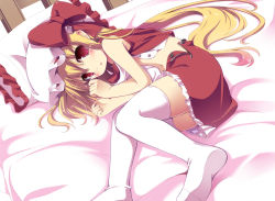 Rule 34 | 1girl, bed, bed sheet, blush, child, dress shirt, embodiment of scarlet devil, female focus, flandre scarlet, hat, highres, long hair, looking at viewer, lying, masaki (machisora), midriff, no bra, no shoes, on side, open clothes, open skirt, pillow, ponytail, ribbon, shirt, short hair, side ponytail, skirt, skirt set, sleeveless, solo, thighhighs, touhou, unzipped, vest, white thighhighs