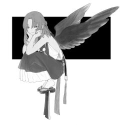 Rule 34 | 1girl, bare shoulders, closed mouth, dentooo0, feathered wings, from side, full body, geta, greyscale, hair bun, half updo, hands on own cheeks, hands on own face, head rest, highres, japanese clothes, long hair, looking at viewer, looking to the side, monochrome, original, overall skirt, pom pom (clothes), single hair bun, sleeveless, smile, solo, squatting, tassel, tengu-geta, wings