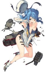 Rule 34 | 10s, 1girl, armpits, blue hair, breasts, cleavage, collarbone, elbow gloves, full body, gloves, kantai collection, long hair, medium breasts, official art, parsley-f, solo, torn clothes, torn gloves, transparent background, urakaze (kancolle), white gloves