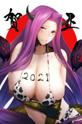 Rule 34 | 1girl, 2021, animal print, bare shoulders, bikini, blush, body writing, breasts, chinese zodiac, claws, cleavage, collarbone, cow print, cow print bikini, embarrassed, fate/grand order, fate (series), female focus, forehead, gorgon (fate), highres, horns, huge breasts, long hair, looking at viewer, matching hair/eyes, medusa (fate), medusa (rider) (fate), minami koyogi, navel, parted bangs, print bikini, purple eyes, purple hair, rider, scales, sidelocks, snake hair, snake tail, solo, square pupils, swimsuit, tail, very long hair, year of the ox