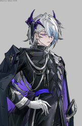 Rule 34 | 1boy, :|, aiguillette, arknights, black cape, black jacket, black pants, blue hair, braid, cape, closed mouth, commentary request, dragon boy, dragon tail, earrings, expressionless, gloves, grey background, grey hair, hair between eyes, hand on own hip, highres, horns, jacket, jewelry, kaninn, long hair, looking at viewer, male focus, multicolored hair, pants, purple eyes, purple horns, purple sash, puzzle (arknights), rapier, sash, simple background, single braid, solo, streaked hair, sword, tail, two-sided cape, two-sided fabric, upper body, weapon, white gloves
