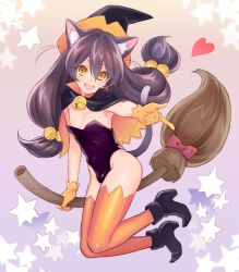 Rule 34 | +++ (artist), 1boy, animal ear fluff, animal ears, ankle boots, armpits, bell, black hat, boots, broom, broom riding, brown hair, bulge, capelet, cat boy, cat ears, cat tail, crossdressing, fang, full body, gloves, hair bell, hair ornament, hat, heart, high heel boots, high heels, highres, jingle bell, kittysuit, leotard, long hair, looking at viewer, male focus, nipple slip, nipples, nontraditional playboy bunny, open mouth, orange thighhighs, original, pointing, reaching, reaching towards viewer, smile, solo, star (symbol), tail, thighhighs, trap, two-tone hat, witch, witch hat, yellow eyes, yellow hat