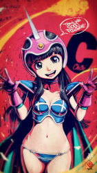 Rule 34 | 1girl, absurdres, armor, bad id, bad pixiv id, bikini, bikini armor, black hair, blue bikini, blue choker, blue neckwear, blunt bangs, blurry, blurry background, blurry foreground, breasts, cape, character name, chi-chi (dragon ball), choker, cleavage, collarbone, cowboy shot, dragon ball, dragon ball (classic), english text, eyelashes, flying nimbus, gloves, green cape, grey eyes, hands up, happy, head tilt, helmet, highres, hip bones, kanchiyo, legs together, long hair, looking at viewer, milestone celebration, navel, open mouth, palms, pauldrons, pink gloves, pink headwear, red background, shaded face, shoulder armor, sidelocks, signature, small breasts, smile, solo, speech bubble, standing, straight hair, swimsuit, teeth, thank you, thighs, thong bikini, tongue, upper teeth only, wide hips
