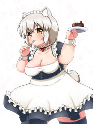 Rule 34 | 1girl, animal ears, apron, bare shoulders, breasts, cake, cleavage, collarbone, double chin, dress, eating, fat, female focus, food, fork, hitotsubashi inari, inubashiri momiji, large breasts, looking at viewer, maid, maid apron, maid headdress, open mouth, plate, plump, red eyes, short hair, silver hair, smile, solo, tail, thighhighs, touhou, utensil in mouth, wolf ears, wolf tail, wrist cuffs