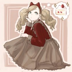 Rule 34 | 1girl, blonde hair, breasts, cake, dress, food, frills, green eyes, hair ornament, highres, long hair, long sleeves, looking up, persona, persona 5, riku (ukir125), solo, takamaki anne, thought bubble, twintails