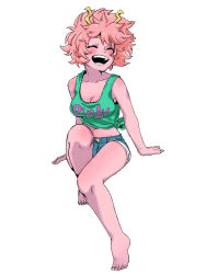Rule 34 | 10s, 1girl, ^ ^, ashido mina, bad id, bad pixiv id, bare shoulders, blush, boku no hero academia, breasts, cleavage, closed eyes, collarbone, colored skin, denim, denim shorts, feet, full body, hachuurui, happy, highres, horns, legs, medium breasts, midriff, navel, open mouth, pink hair, pink skin, shirt, short hair, shorts, simple background, sitting, smile, solo, tank top, teeth, tied shirt, white background
