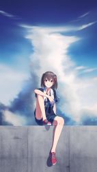 Rule 34 | 1girl, absurdres, alternate costume, black shirt, blouse, blush, bottle, brown hair, cloud, day, full body, grin, hair ornament, highres, holding, huge filesize, kantai collection, outdoors, print shirt, rankebu, red footwear, sendai (kancolle), shirt, shoes, short sleeves, shorts, sitting, sky, smile, sneakers, solo, towel, towel around neck, two side up, unfinished, water bottle