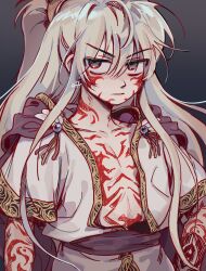 Rule 34 | 1boy, 472pis, arcturus, black sash, closed mouth, collarbone, commentary request, full-body tattoo, gold trim, grey background, grey eyes, grey hair, hair between eyes, highres, korean commentary, long bangs, long hair, looking at viewer, male focus, open clothes, open shirt, sash, shirt, short sleeves, sidelocks, sizz flair, solo, tattoo, upper body, v-shaped eyebrows, very long hair, white shirt