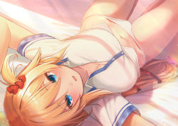 Rule 34 | 1girl, akai haato, akai haato (1st costume), arms up, bed sheet, blonde hair, blue eyes, blush, breasts, collared shirt, commentary request, dress shirt, hair between eyes, hair ornament, hair rings, heart, heart hair ornament, highres, hololive, large breasts, long hair, looking at viewer, lying, magowasabi, midriff, navel, on back, one side up, open mouth, panties, red ribbon, ribbon, shirt, short sleeves, signature, smile, solo, twitter username, underwear, very long hair, virtual youtuber, white panties, white shirt