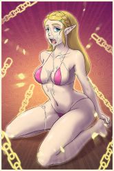 Rule 34 | 1girl, 20s, after fellatio, bare shoulders, bikini, blonde hair, braid, breasts, chain, cleavage, collarbone, crown braid, cum, cum on body, cum on breasts, cum on lower body, cum on upper body, cumdrip, facial, female focus, full body, gradient background, green eyes, hair ornament, hairclip, hetero, highres, kneeling, long hair, looking away, magic, medium breasts, micro bikini, midriff, multicolored background, navel, nintendo, open mouth, orange background, palomar4233, pink background, pink bikini, pointy ears, princess, princess zelda, revealing clothes, sidelocks, solo, stasis (rune), swimsuit, the legend of zelda, the legend of zelda: breath of the wild, time manipulation, time stop, tongue, tongue out, uncensored