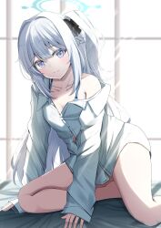 Rule 34 | 1girl, absurdres, animal ears, barefoot, bed, blue archive, blue eyes, blue halo, blush, braid, breasts, buttons, closed mouth, collared shirt, fake animal ears, grey hair, halo, highres, indoors, kamesys, long sleeves, looking at viewer, miyako (blue archive), one side up, rabbit ears, shirt, small breasts, smile, solo, thighs, white shirt