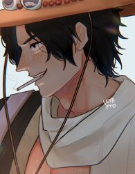 Rule 34 | 1boy, artist name, black eyes, black hair, cigarette, commentary, cowboy hat, english commentary, freckles, hat, highres, male focus, mouth hold, official alternate costume, one piece, open mouth, orange hat, portgas d. ace, short hair, smile, smoke, smoking, solo, teeth, votaeto