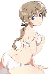 Rule 34 | 1girl, ass, blue eyes, blush, bra, braid, braided ponytail, breasts, brown hair, butt crack, hair ribbon, large breasts, long hair, looking at viewer, lynette bishop, nanashino, open mouth, panties, ribbon, shiny skin, simple background, solo, strike witches, underwear, white background, white bra, white panties, world witches series