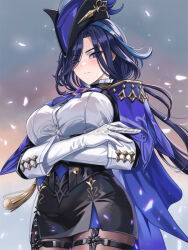 Rule 34 | 1girl, black hair, blue hair, blush, breasts, celsior, clorinde (genshin impact), corset, epaulettes, frown, genshin impact, gloves, hat, large breasts, light particles, long hair, looking at viewer, pantyhose, purple eyes, shirt, solo, tricorne, very long hair, white gloves