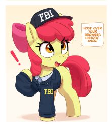 Rule 34 | !, 1girl, absurdres, apple bloom, blue eyes, english text, fbi, hat, highres, my little pony, my little pony: friendship is magic, no humans, open mouth, pabbley, pink hair, pony (animal), simple background, solo, speech bubble, yellow fur