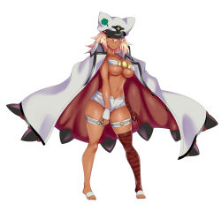 Rule 34 | 1girl, arm wrap, barefoot, blonde hair, breasts, cape, dark-skinned female, dark skin, fingerless gloves, full body, gloves, guilty gear, hat, hevn, highres, large breasts, leg wrap, navel, ramlethal valentine, revealing clothes, shorts, solo, standing, thighlet, underboob, white background, yellow eyes