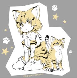 Rule 34 | 10s, 1girl, :&lt;, :d, animal, animal ears, artist name, bare shoulders, between legs, blonde hair, blouse, blush, bow, bowtie, breast pocket, cat, cat ears, cat girl, cat tail, colored skin, commentary, elbow gloves, eyelashes, fang, frilled skirt, frills, full body, gloves, grey background, hand between legs, kemono friends, kneehighs, ko-on (ningen zoo), looking at another, looking at viewer, looking to the side, looking up, multicolored hair, open mouth, outline, partially colored, paw print, paw print background, pocket, sand cat, sand cat (kemono friends), shirt, short hair, sidelocks, signature, sitting, skirt, sleeveless, sleeveless shirt, slit pupils, smile, socks, star (symbol), starry background, streaked hair, striped tail, tail, tareme, twitter username, wariza, whiskers, white outline, white shirt, white skin, yellow eyes