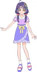 Rule 34 | 1girl, ahoge, artist request, bare arms, bare legs, bow, brown eyes, closed mouth, full body, hair bow, hair ornament, highres, jewelry, looking at viewer, official art, pink bow, precure, puffy sleeves, purple footwear, purple hair, purple shirt, purple skirt, ring, sandals, shirt, short hair, simple background, skirt, smile, socks, solo, standing, suzumura sango, tropical-rouge! precure, twintails, waist bow, white background, white bow, white socks, yellow bow