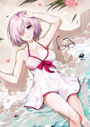 Rule 34 | 1girl, arm up, beach, black-framed eyewear, blush, breasts, cleavage, commentary request, covered navel, day, dress, emyo, unworn eyewear, fate/grand order, fate (series), flower, from above, glasses, hair over one eye, halterneck, looking at viewer, lying, mash kyrielight, mash kyrielight (swimsuit of perpetual summer), medium breasts, official alternate costume, on back, outdoors, parted lips, purple eyes, purple hair, purple ribbon, ribbon, short hair, sleeveless, sleeveless dress, smile, solo, water, wet, white dress