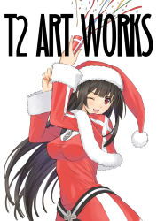 Rule 34 | 1girl, ;d, black hair, blush, breasts, confetti, cross, hat, kilmaria aideen, long hair, looking at viewer, no bra, one eye closed, open mouth, party popper, red eyes, santa costume, santa hat, shining (series), shining ark, smile, solo, tony taka, wink